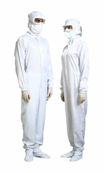 autoclavable cleanroom coverall with hood and boots white