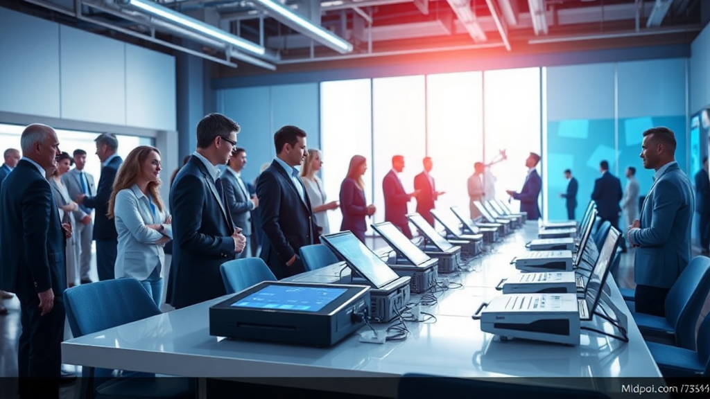People in suits attend a conference with computers.