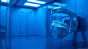 Blue futuristic mask hanging in clinical room.