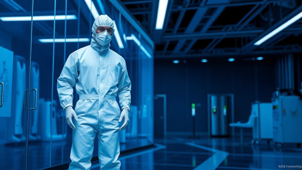 Laboratuar içinde temiz oda kıyafeti bilim adamı.