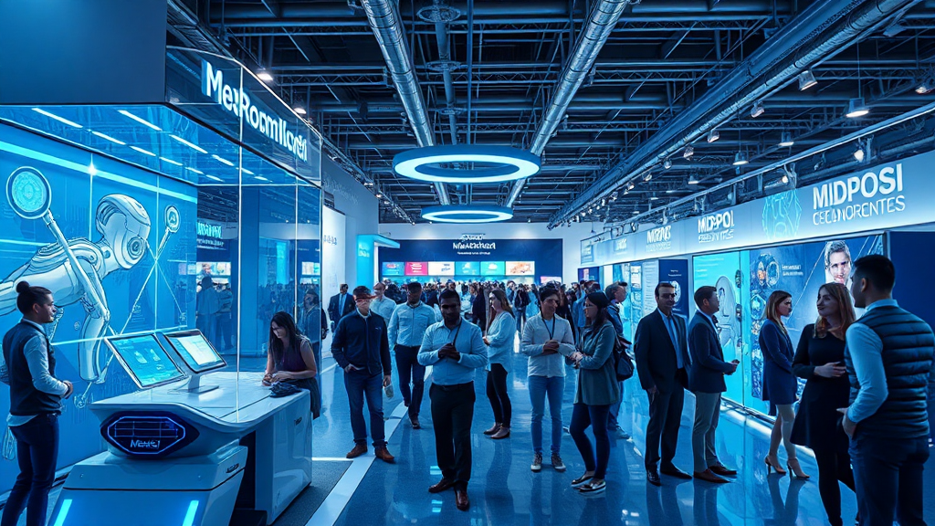 Exposition futuriste avec expositions interactives et visiteurs.