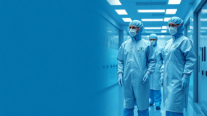 Scientists in cleanroom suits walking in laboratory corridor.