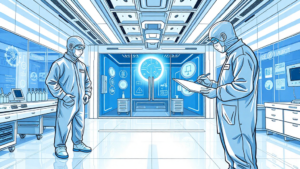 Scientists working in high-tech laboratory environment.