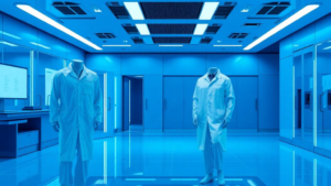 Mannequins in futuristic blue laboratory setting.
