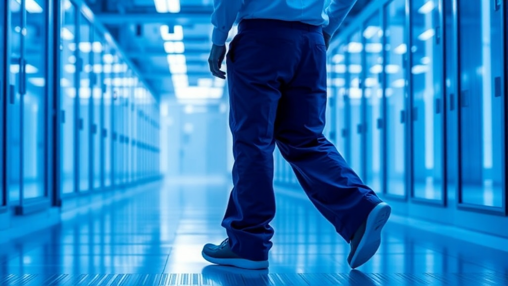 Mavi ışıklı bir veri merkezinde yürüyen kişi.