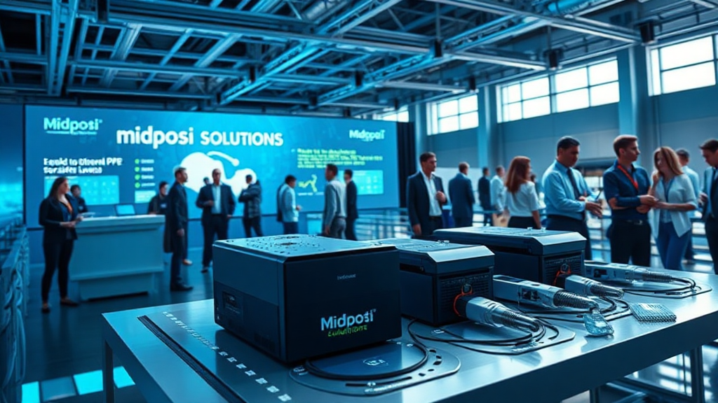 Business conference with technology displays and attendees.