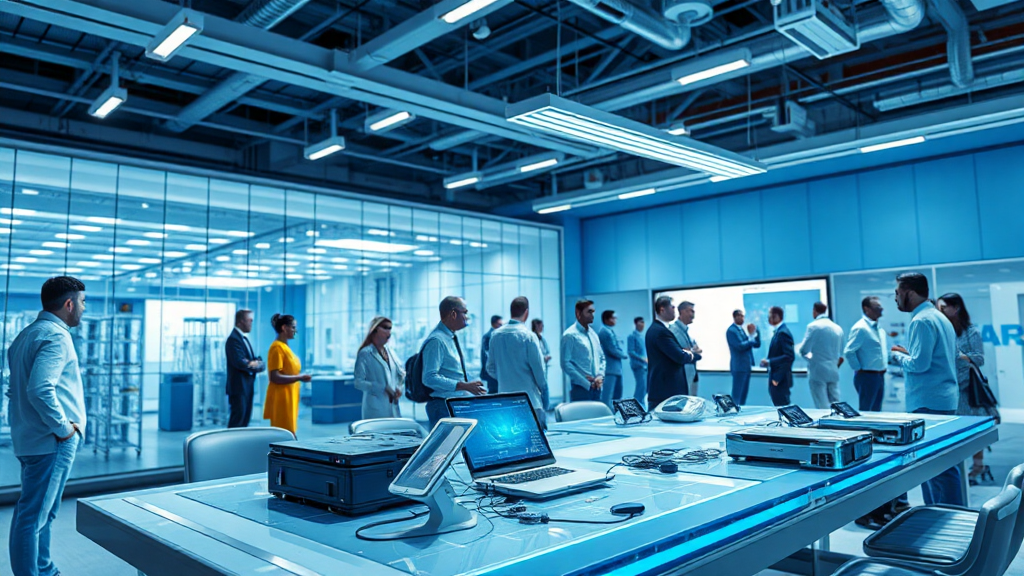 People networking at technology conference in modern office