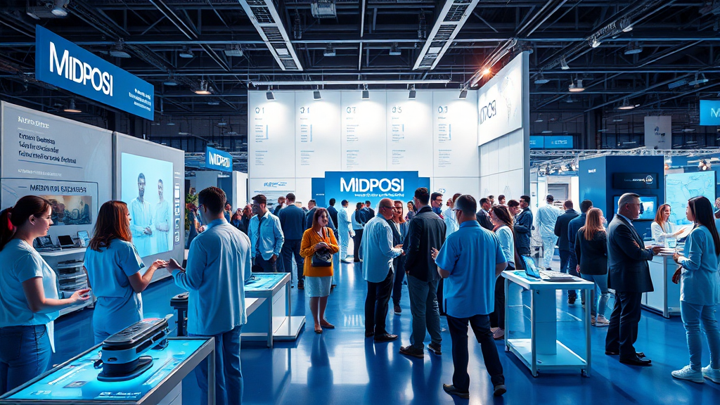 Booth exhibition surpeuplé avec des affichages interactifs et des participants.