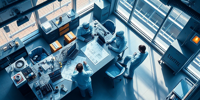 Scientists in lab coats discussing research project.
