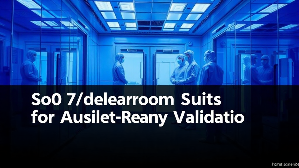 People in blue cleanroom discussing, wearing protective suits.