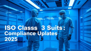 Engineers in lab suits discussing ISO standards