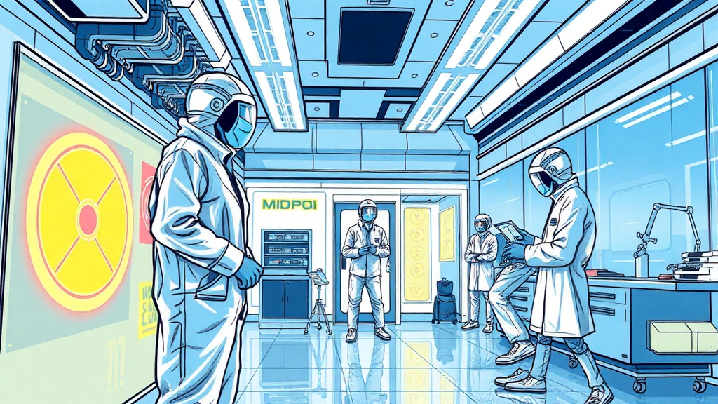 Cientistas em ambiente de laboratório futurista e de alta tecnologia.