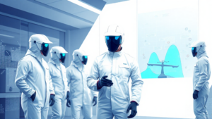 Group in futuristic suits examines data on screen.