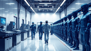 People in suits walking in futuristic lab