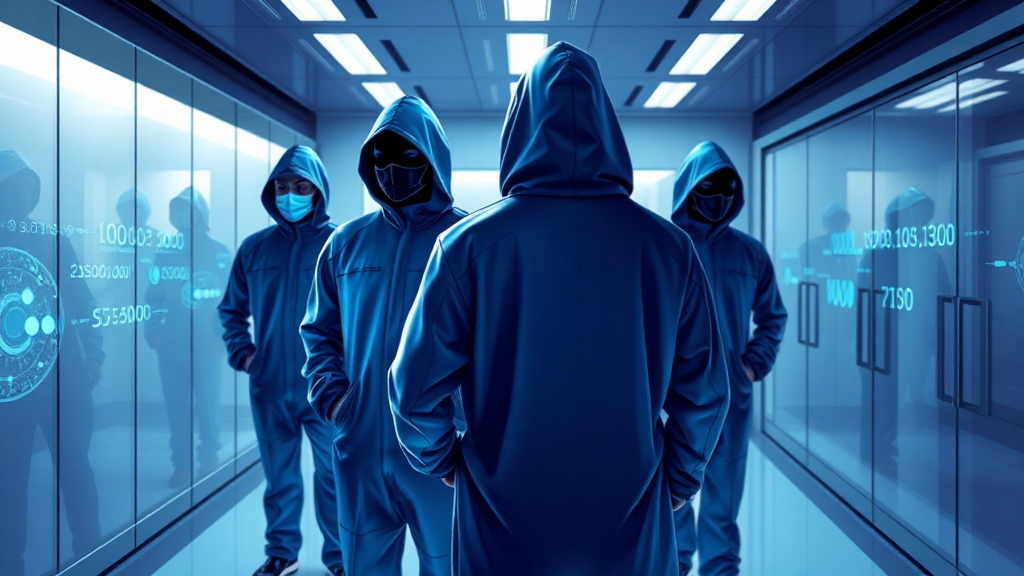 Fütüristik, dijital bir odada kapüşonlu figürler.