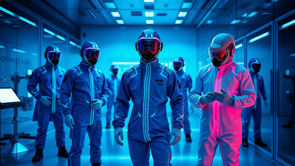 Fütüristik laboratuvardaki insanlar iç mekanlarda kasklara uygundur.