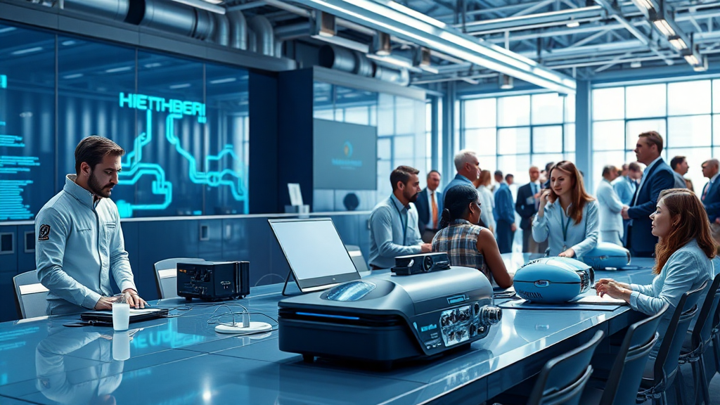 Modern office with professionals collaborating on technology.