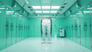 Sterile laboratory with cleanroom attire and glass cabinets