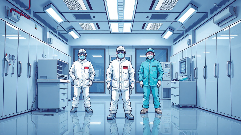 Scientists in sanitized laboratory wearing protective suits.