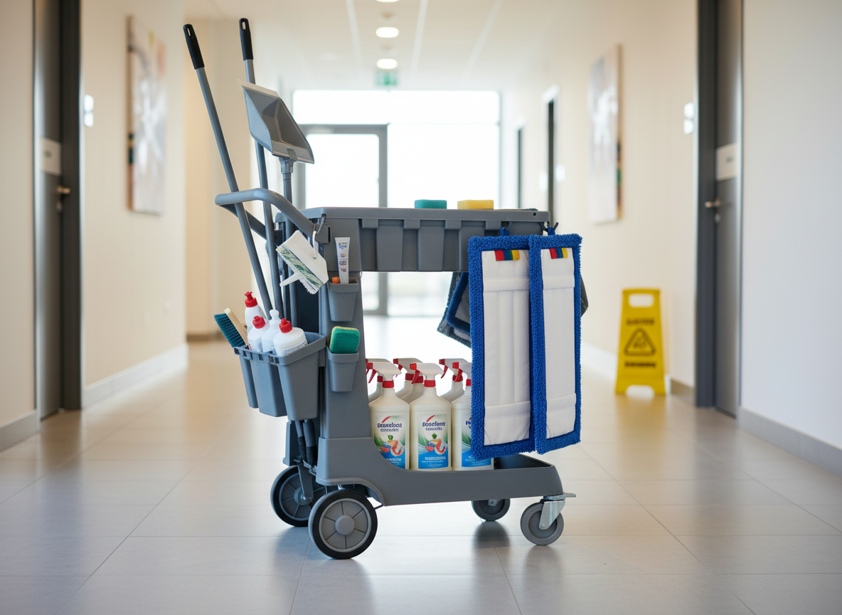 Facility janitorial carts equipped with microfiber mops
