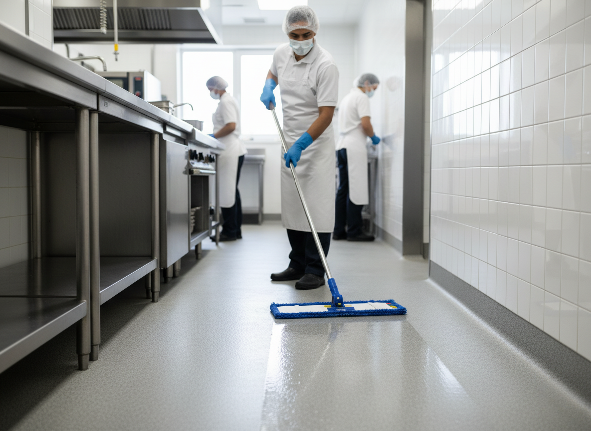Food processing plant floor cleaning with microfiber mop