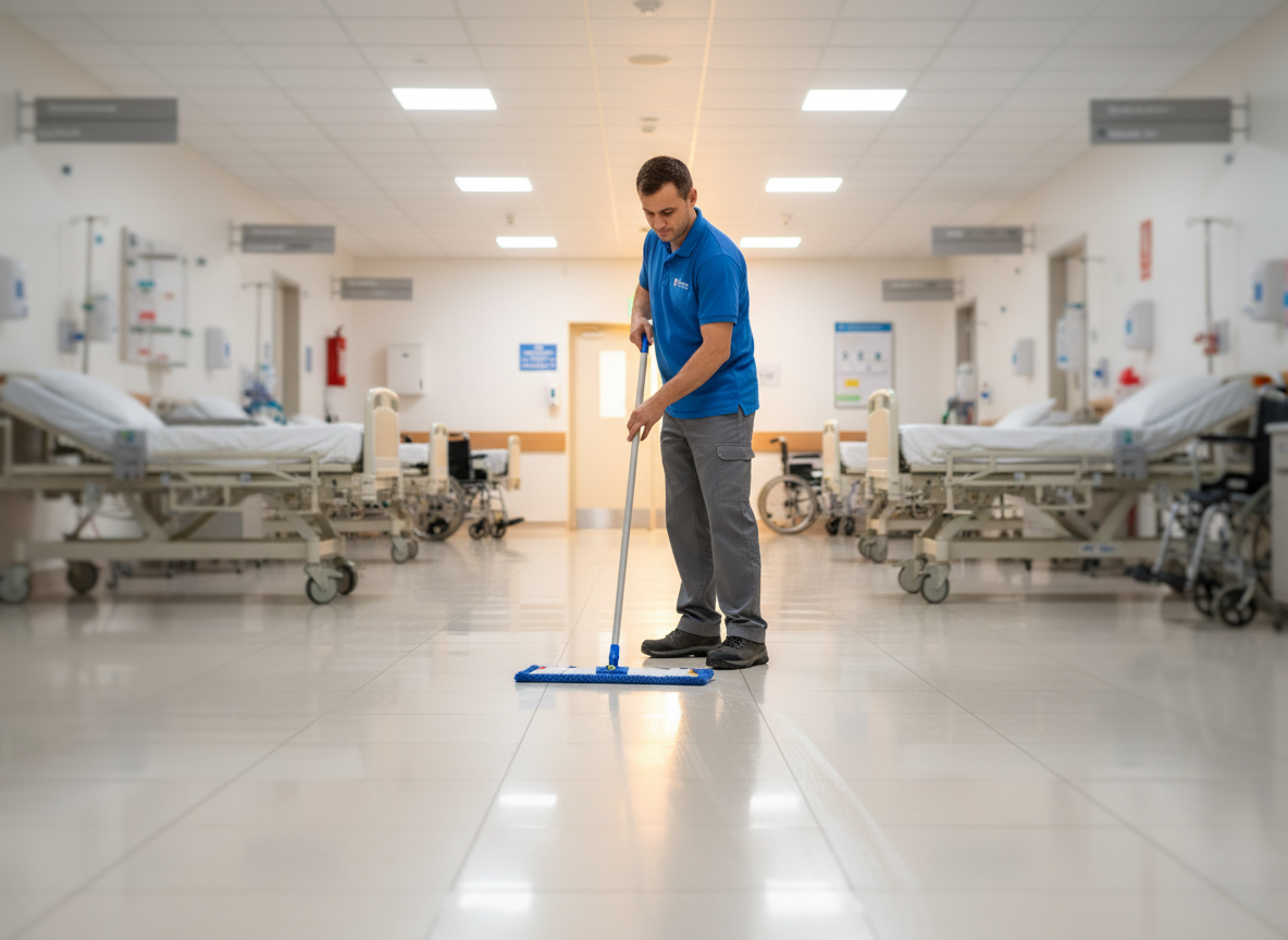 Hospital corridor disinfection mopping with microfiber mop