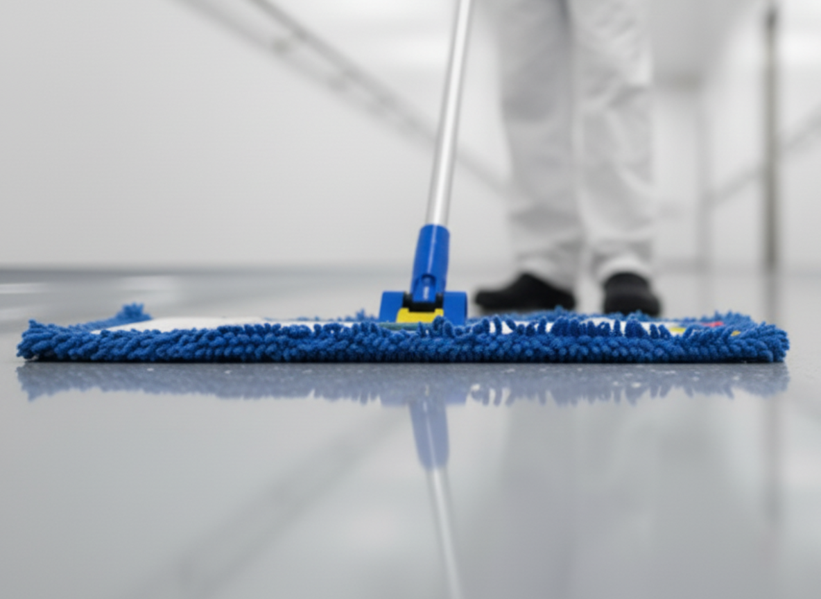 Cleanroom operator using premium micro-loop microfiber mop head