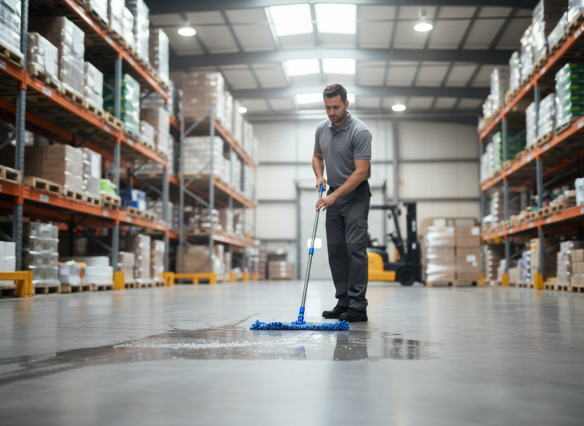 Warehouse and staging areas cleaning with mop