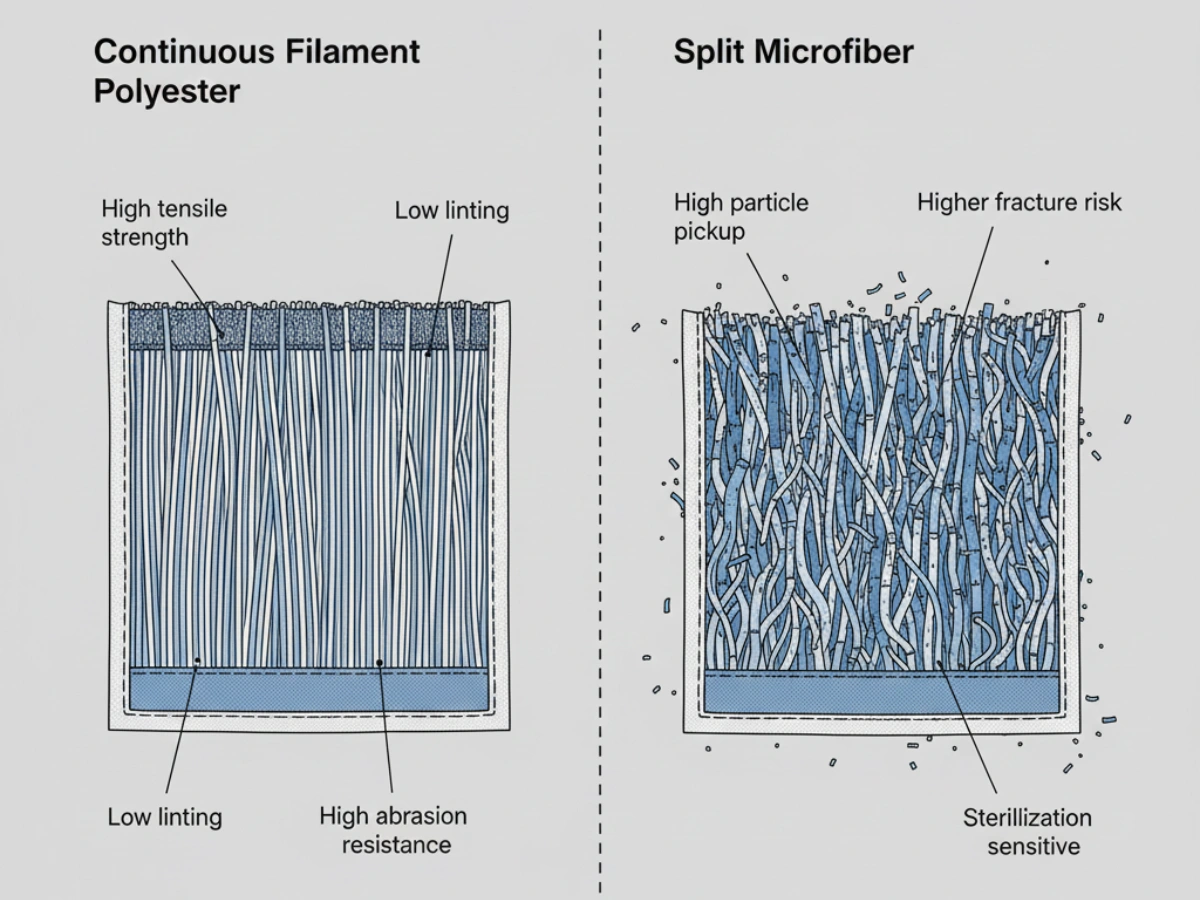 Continuous filament polyester fiber structure designed to minimize fiber breakage and particle shedding for GMP Grade A and B cleanroom zones