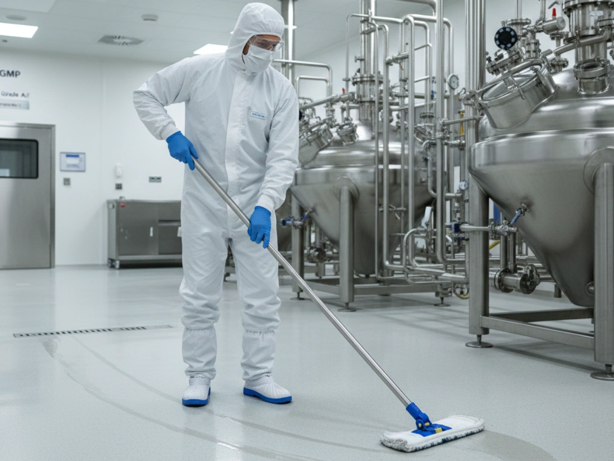 Aseptic processing cleanroom operator mopping under EU GMP Annex 1