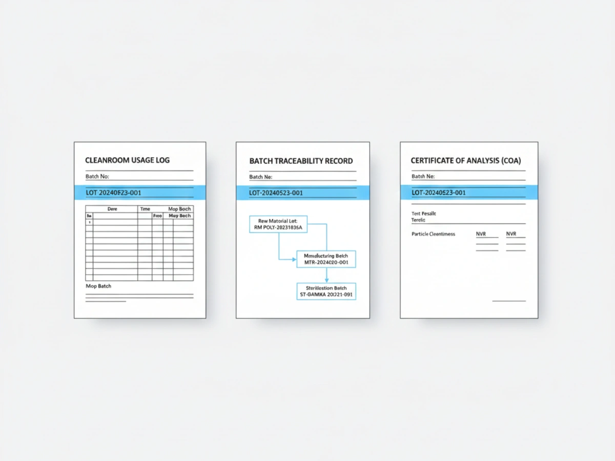 GMP audit review of batch traceability records for pharmaceutical cleanroom mops, including COA and sterilization documentation.