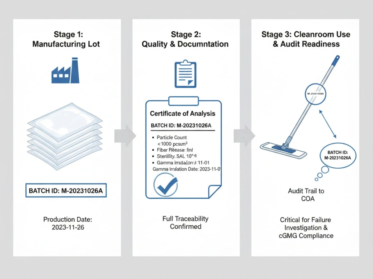 Batch traceability system for pharmaceutical cleanroom mops, linking production lots to COA documentation.