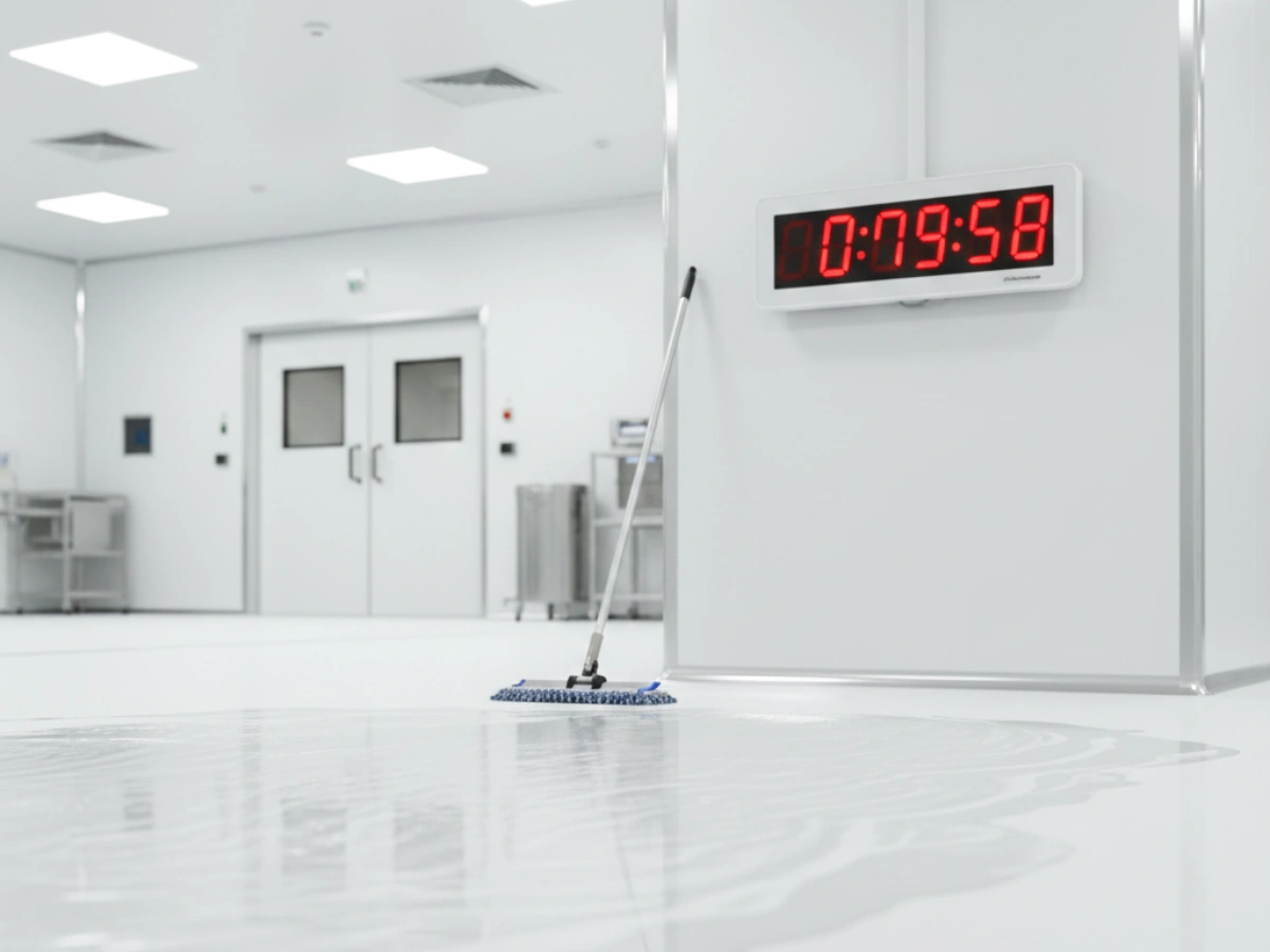 Disinfectant contact time control during pharmaceutical cleanroom mop cleaning