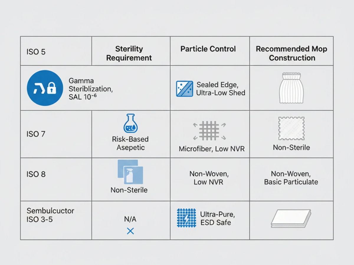 Cleanroom mop selection matrix mapping GMP grades to ISO classes