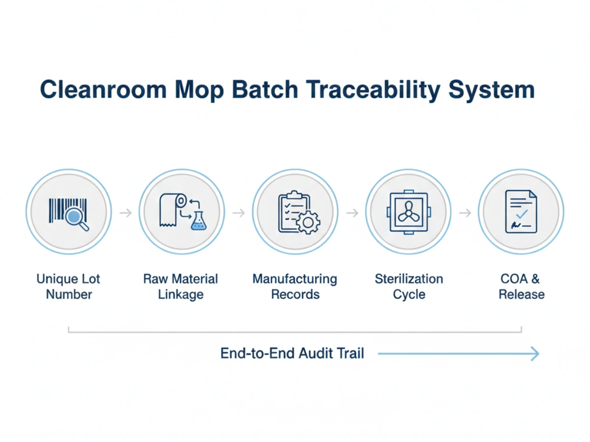 Core components of a cleanroom mop batch traceability system including lot numbering, raw material linkage, manufacturing records, and COA alignment.