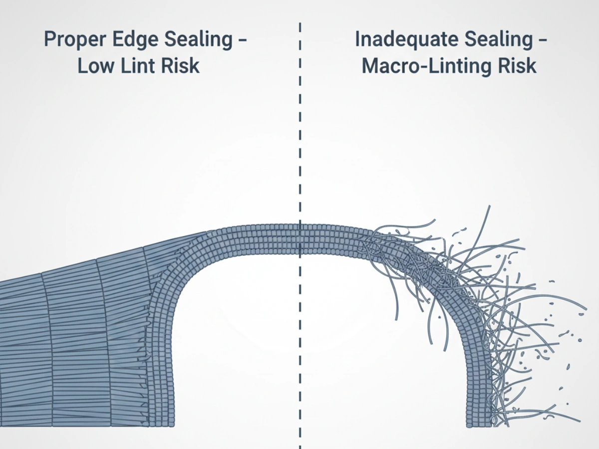 Comparison of cleanroom mop edge sealing methods showing how laser or ultrasonic sealing reduces fiber release during repeated mopping actions