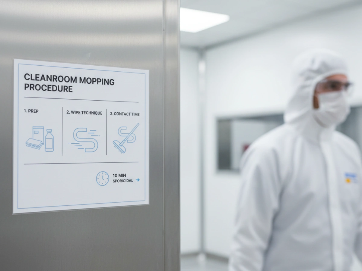 Cleanroom mop SOP training visual aid posted at gowning exit for pharmaceutical operators