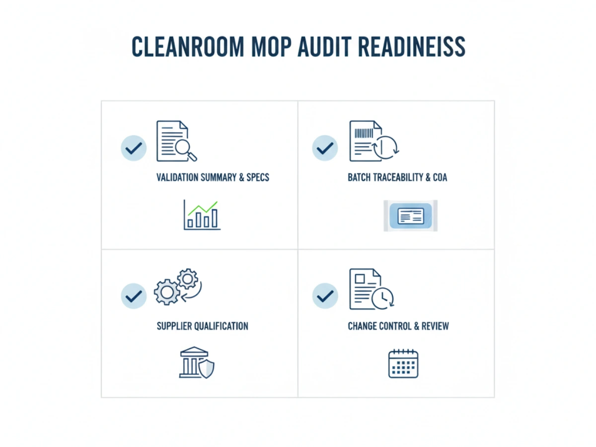 Supplier qualification audit review for cleanroom mop validation and COA documentation