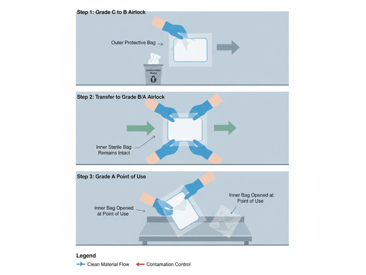 Peel-and-pass aseptic transfer logic for double-bagged cleanroom mops showing outer bag removal at the airlock and inner sterile bag maintained until point of use.