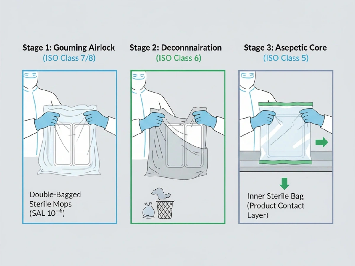 Double-bagged sterile cleanroom mop packaging process supporting GMP-compliant material transfer into pharmaceutical cleanrooms.