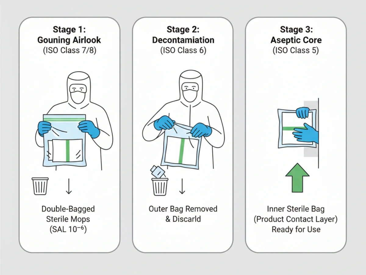 Double-bagged sterile cleanroom mop packaging and transfer process supporting GMP-compliant material entry into Grade A and B areas.