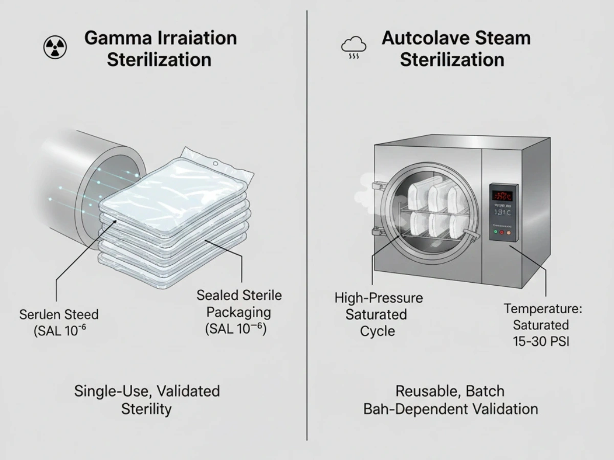 Technical comparison of gamma irradiation and autoclave sterilization methods for pharmaceutical cleanroom mops.