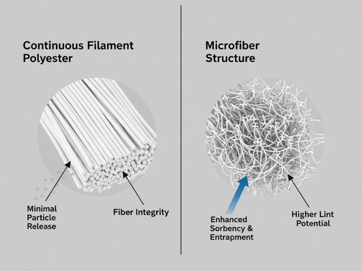 Comparison of low-lint cleanroom mop materials, highlighting continuous filament polyester fiber integrity for pharmaceutical cleanrooms.