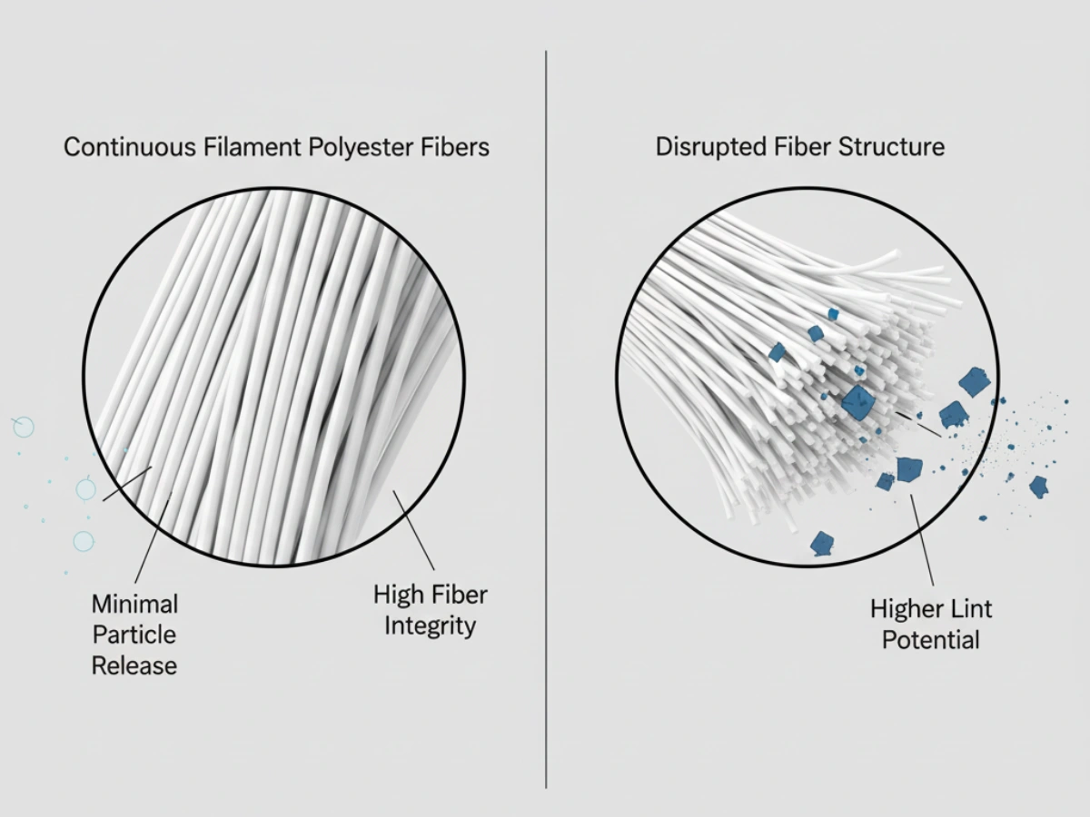 Low-lint continuous filament polyester fiber structure used in GMP-compliant pharmaceutical cleanroom mop materials.