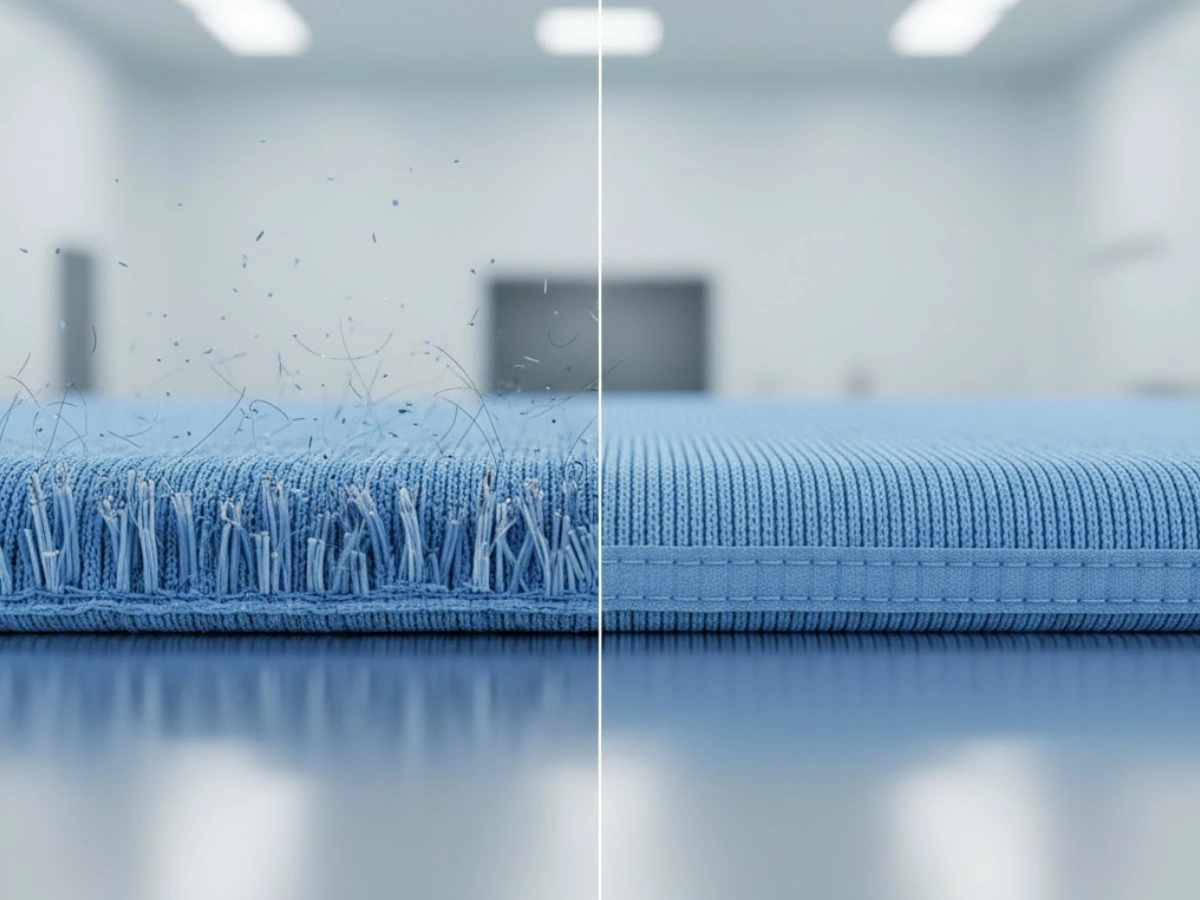 Microscopic comparison showing higher linting risk of split microfiber filaments versus continuous filament polyester in Grade A cleanroom zones