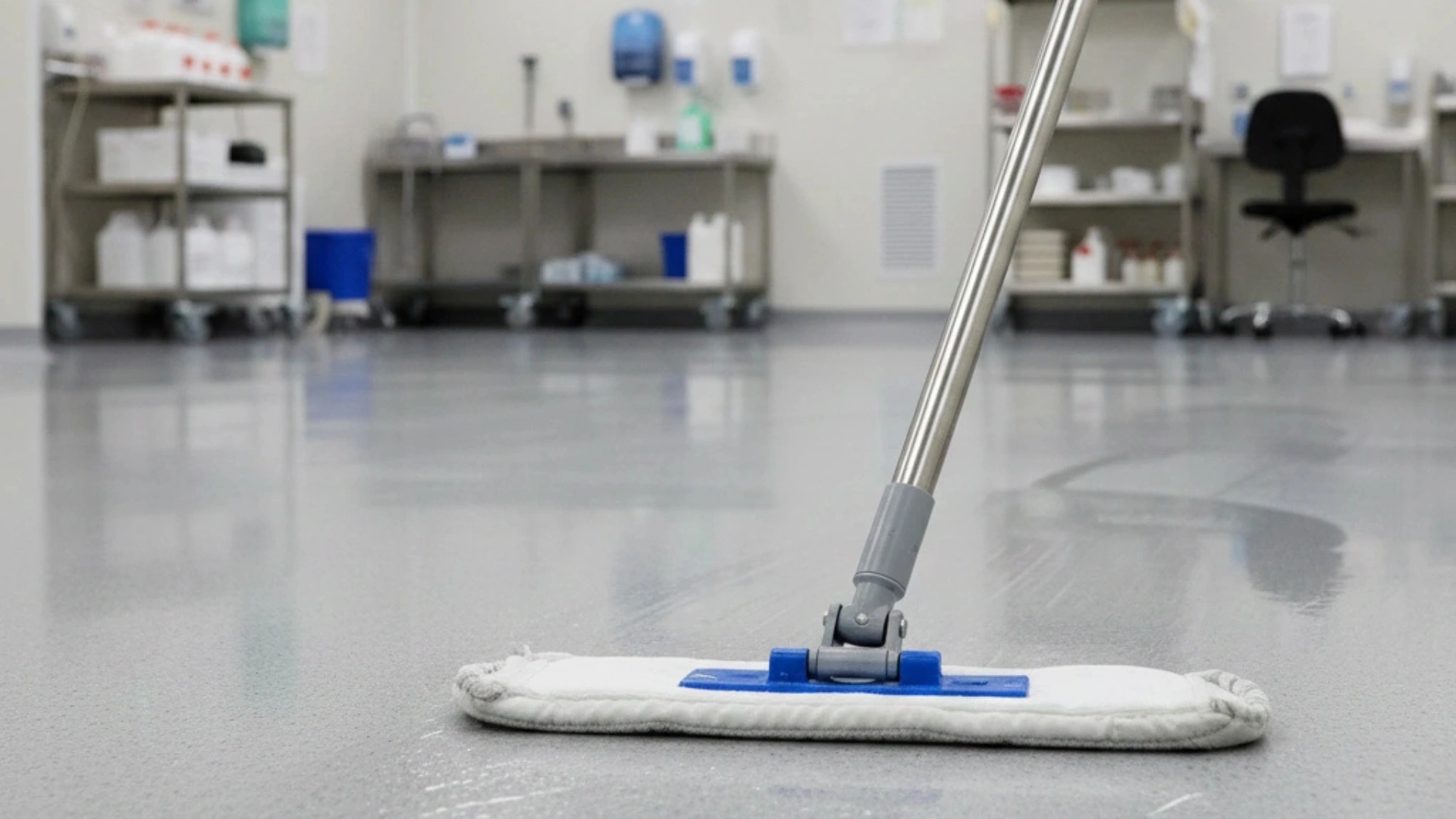 Validated pharmaceutical cleanroom mop system used in an ISO Class 5 GMP environment for contamination control.