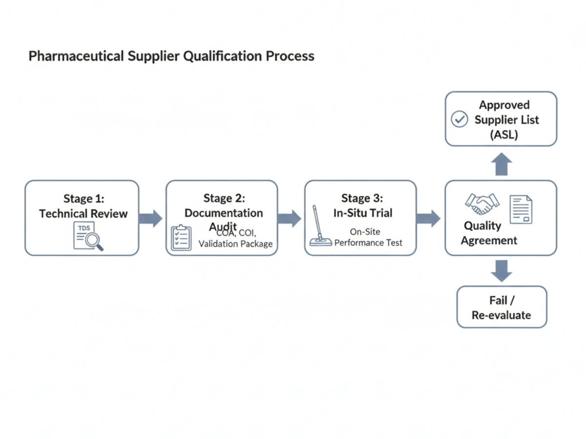 Supplier qualification workflow for pharmaceutical cleanroom mops, including technical review, documentation audit, and approved supplier listing.