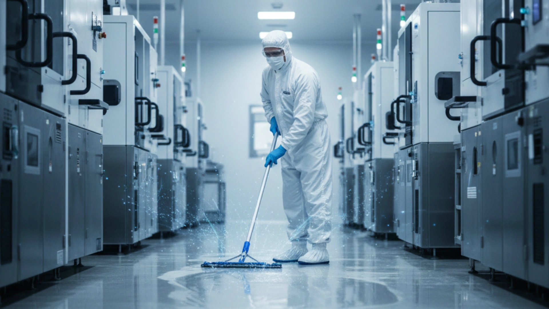 ESD-controlled semiconductor cleanroom mopping in ISO Class 3 electronics manufacturing