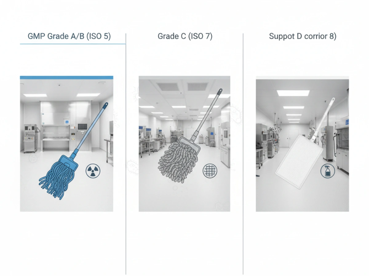 Triple-bag sterile cleanroom mop packaging illustrating staged aseptic transfer through GMP airlocks
