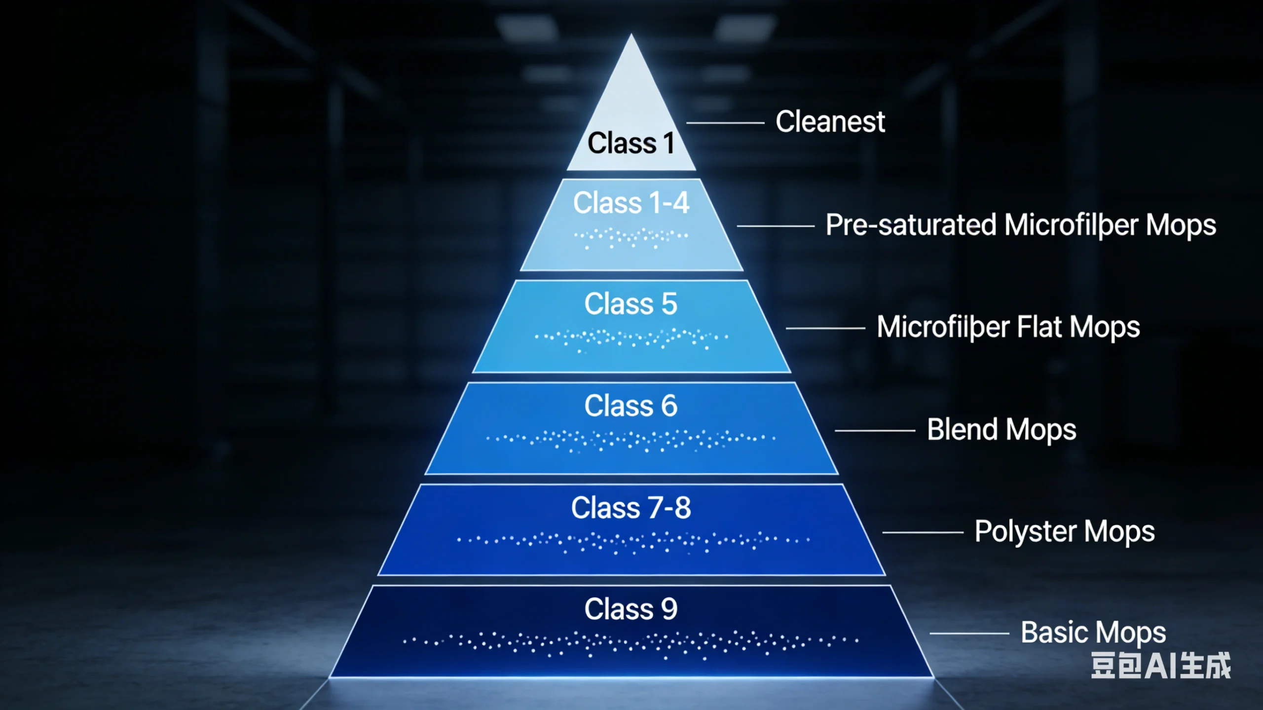 ISO 14644 cleanroom classification pyramid showing ISO Class 1 to ISO Class 9 particle levels